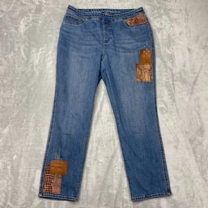 Chico's Girlfriend Ankle Jeans Women 1.5 (34) Blue Leather Patch Perfect Stretch